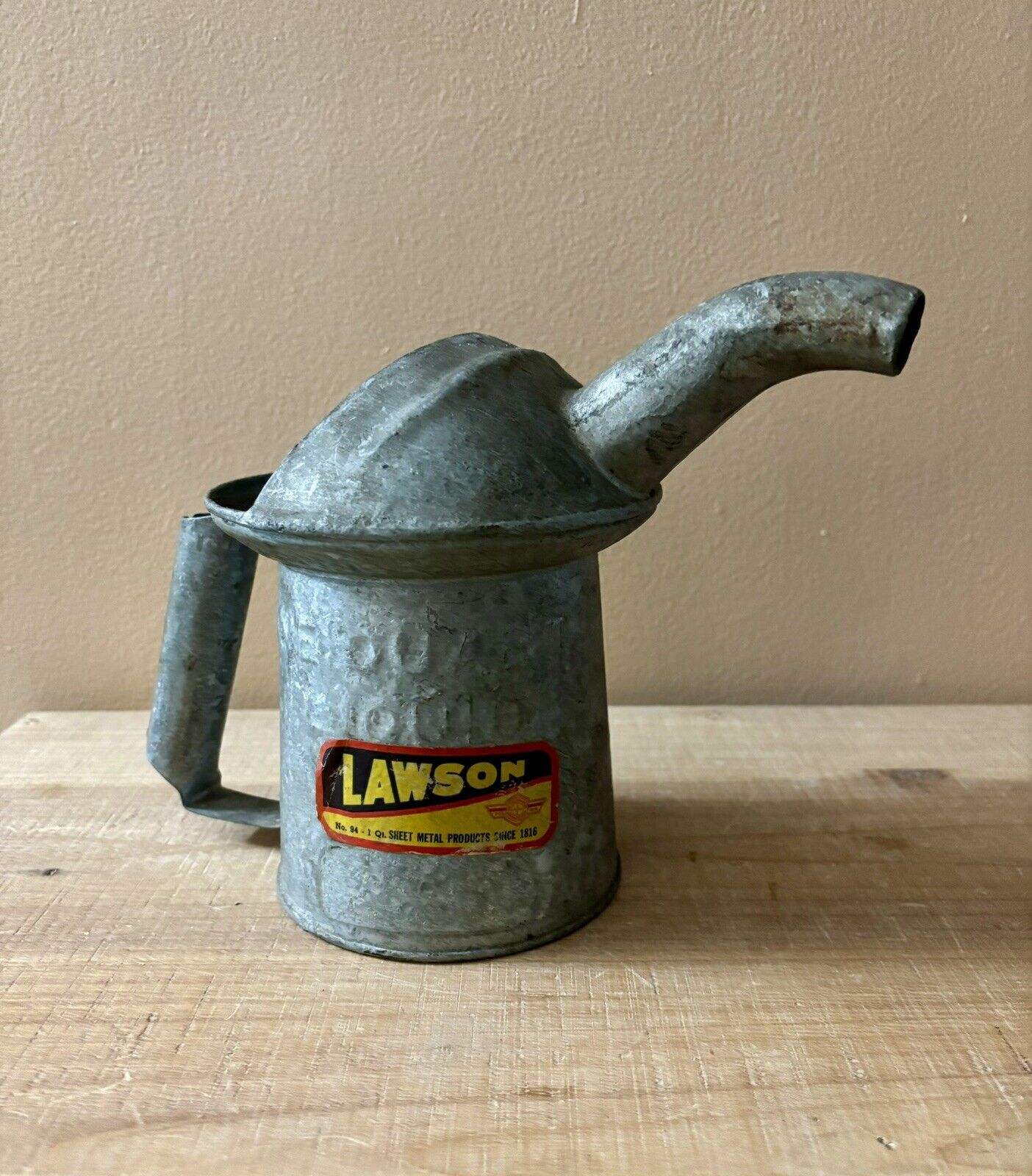 Vintage Lawson Galvanized Dover 1 Quart Oil Pour Can with Original Label