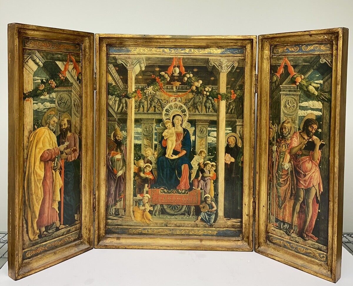 Old Large Triptych of Madonna And Child Catholic Home Altar “Enthroned Madonna”