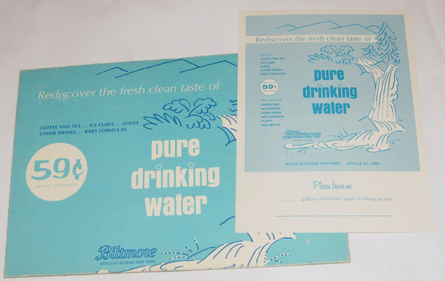 VTG 1970s BILTMORE DAIRY FARMS \'PURE DRINKING WATER\' ADVERTISING SIGN/ORDER FORM