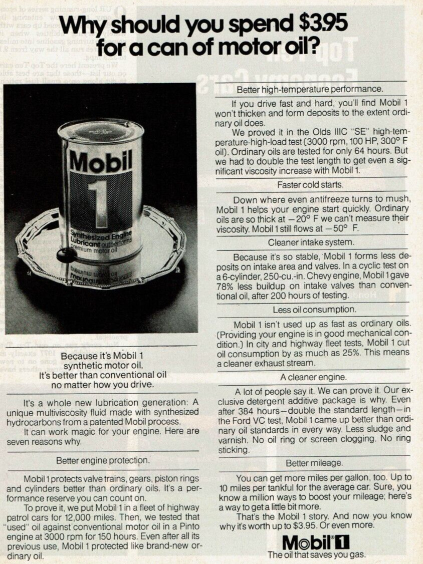 1977 Vintage Print Ad Mobil 1 Why should you spend $395 for a can of motor oil