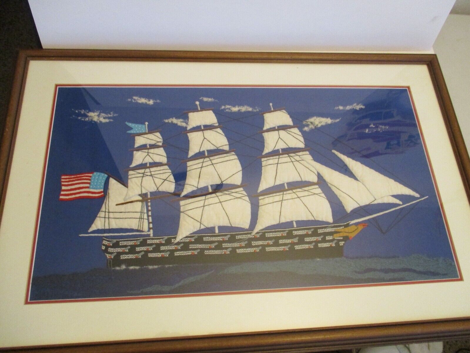 Cross Stitch Of An Early American 3 Masted Frigate Warship Nicely Matted/Framed