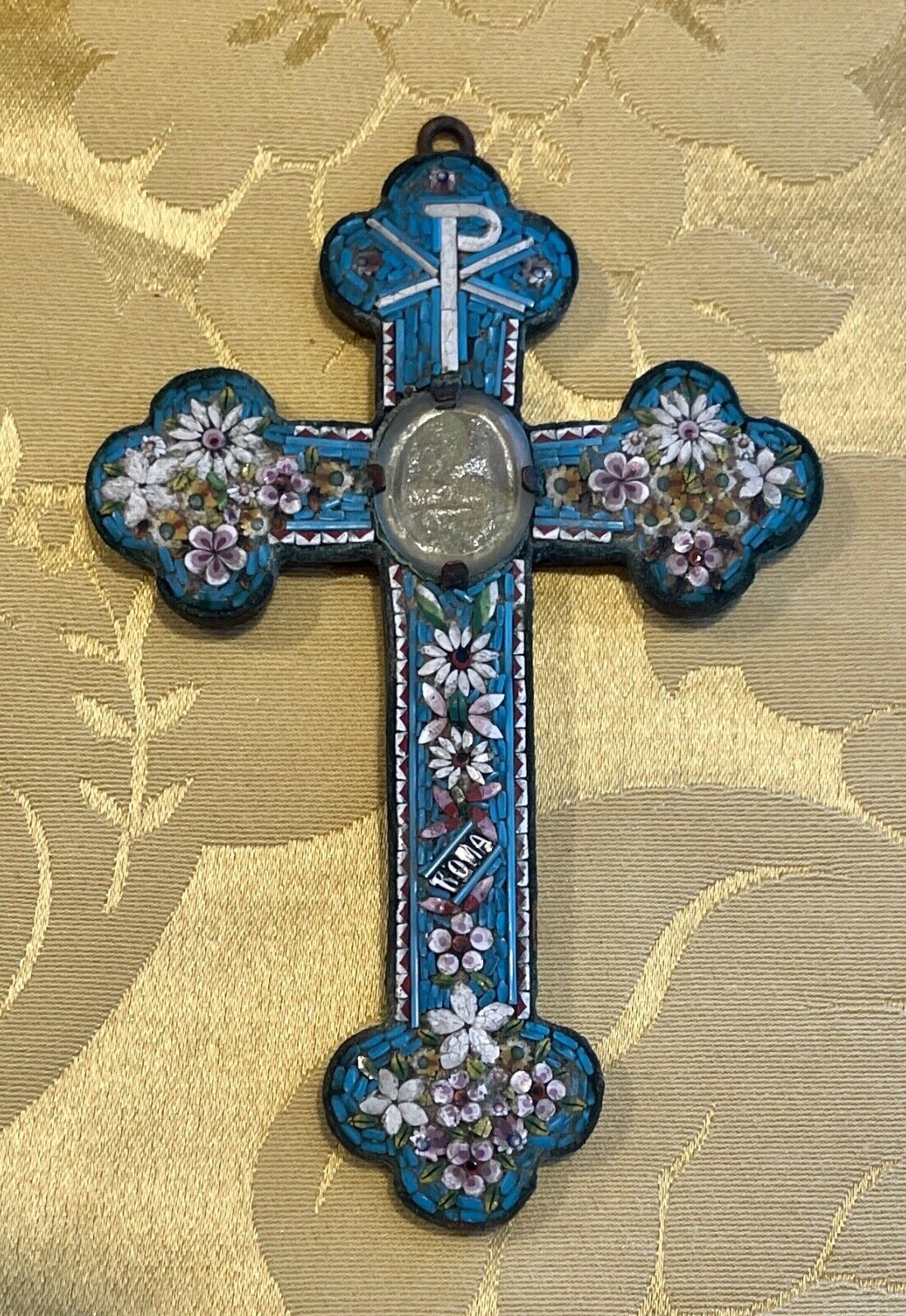 Small Antique Italian Micro Mosaic Cross c 1900-1910 Pope St. Pius X Interest