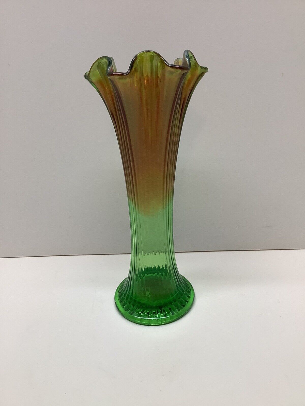 Antique 10” Northwood fine rib carnival glass vase iridescent marigold on green