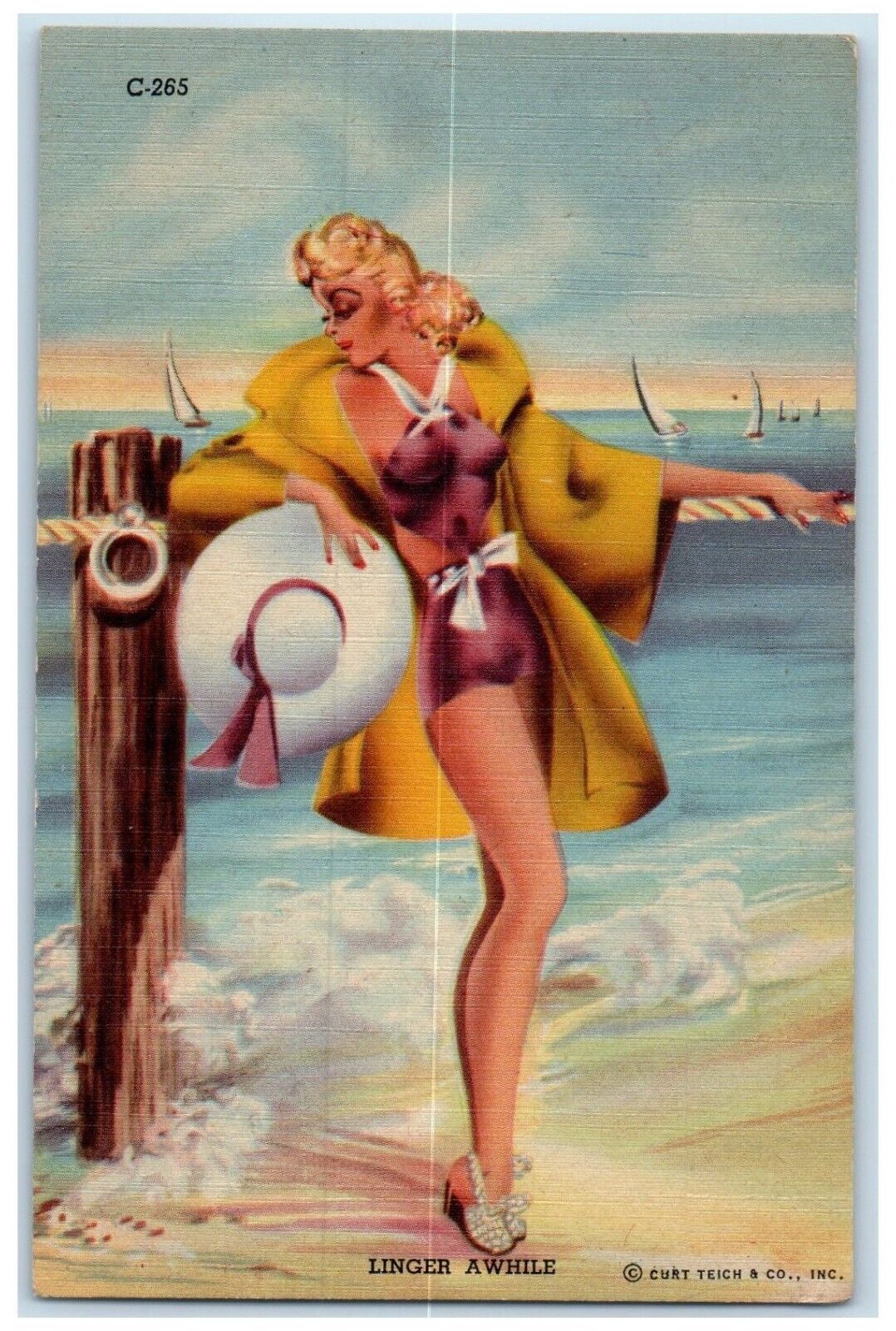 c1930\'s Beach Bathing Beauty Big Hat Linger A While Sailboat Vintage Postcard