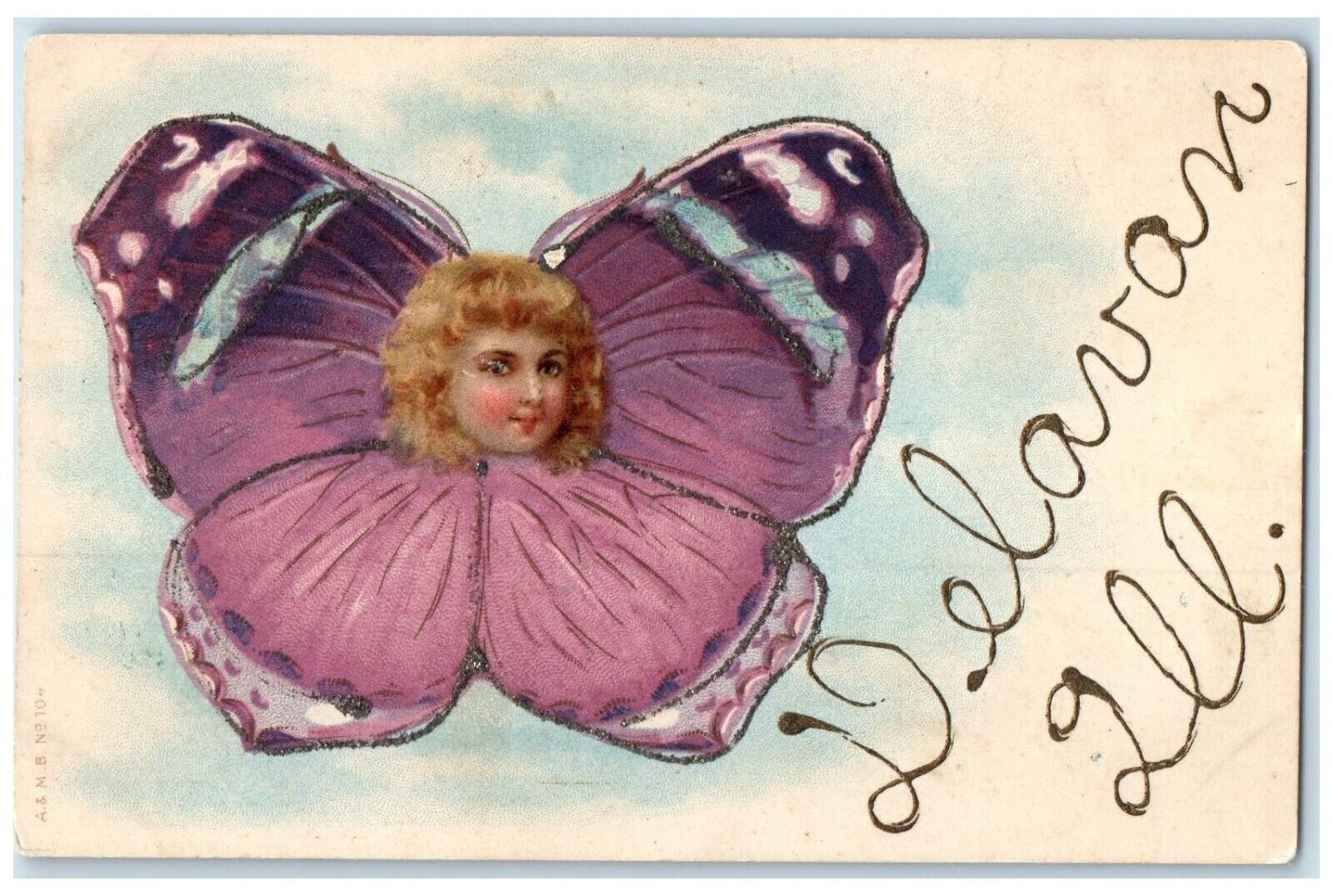 c1910\'s Butterfly Pretty Girl Head Glitter Delaware Illinois IL Antique Postcard