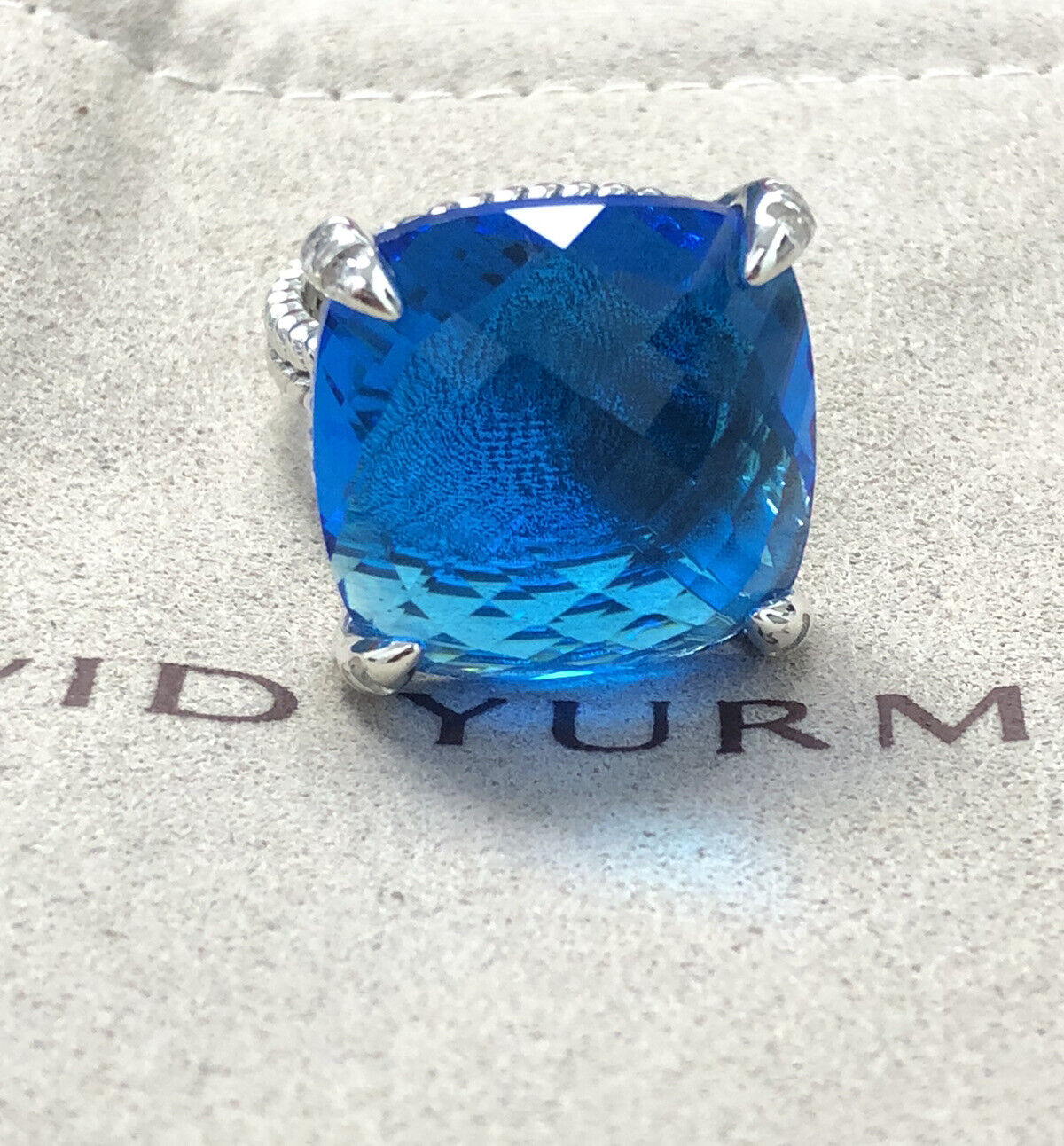 David Yurman 925 Silver Chatelaine 20mm Blue Topaz & Diamond Ring Sz 7