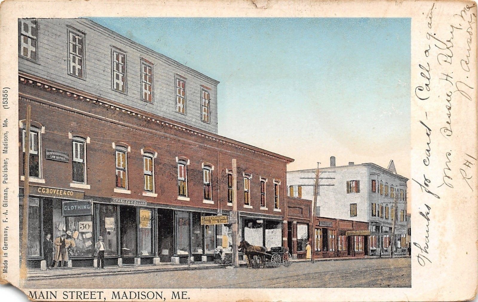 Madison ME~Copper Windows~Main Street ~Chas Ellis~Bovee Clothing~Books~ c1906