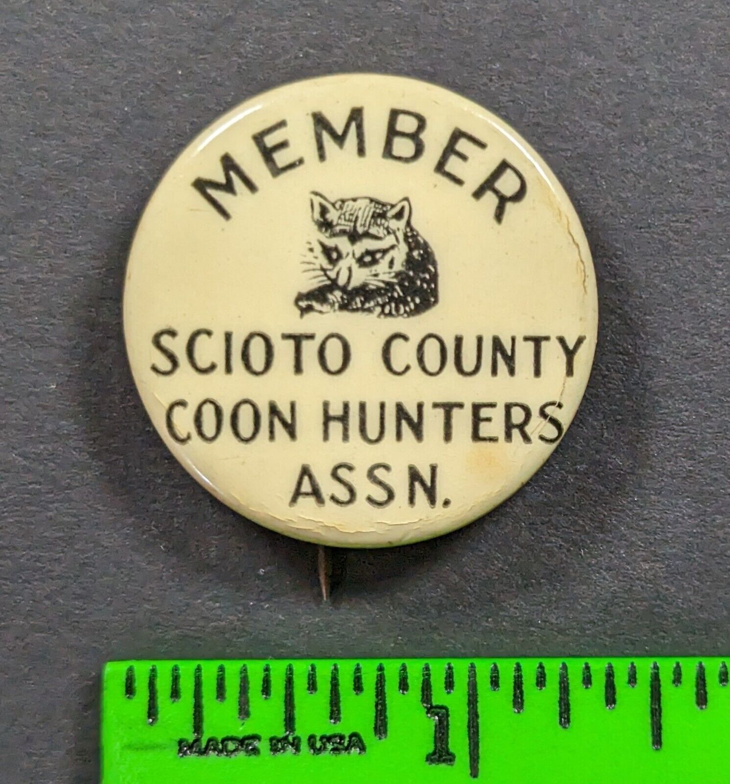 Vintage 1940s Scioto County Ohio Racoon Hunters Member Pinback Pin