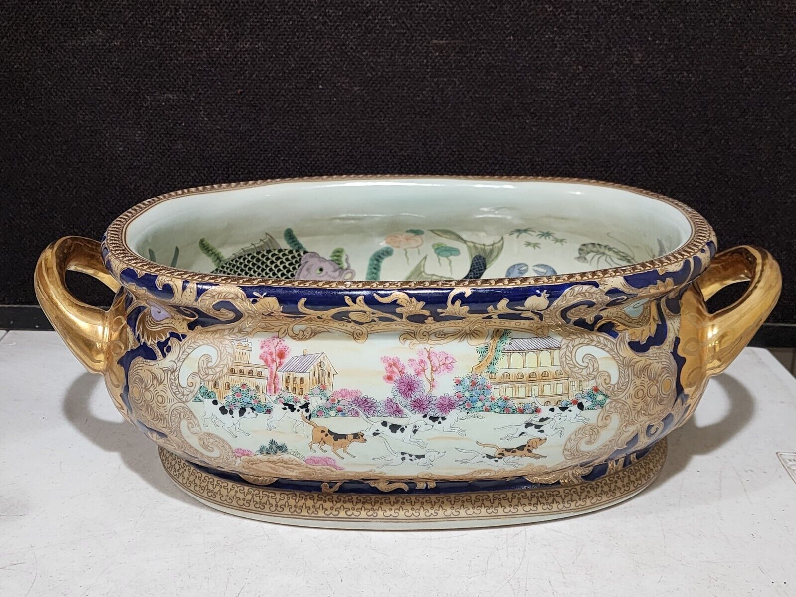 Vintage Chinese Foot Bath Dogs Playing in Field With Koi Heavy Gold Trim