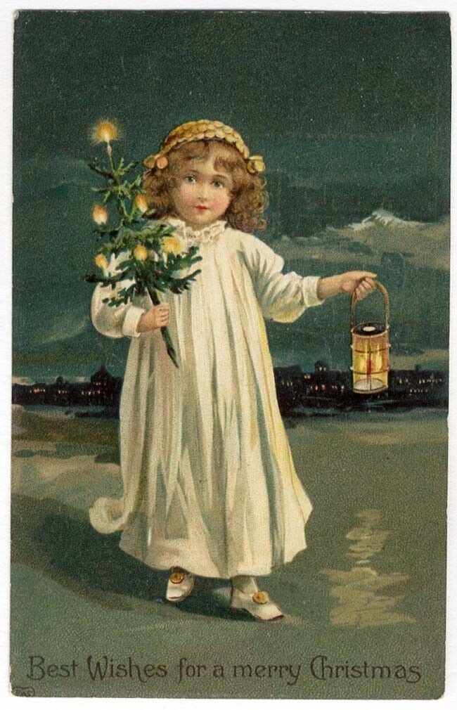 CHRISTMAS Little Girl with Tree Lantern Snow Postcard c 1910
