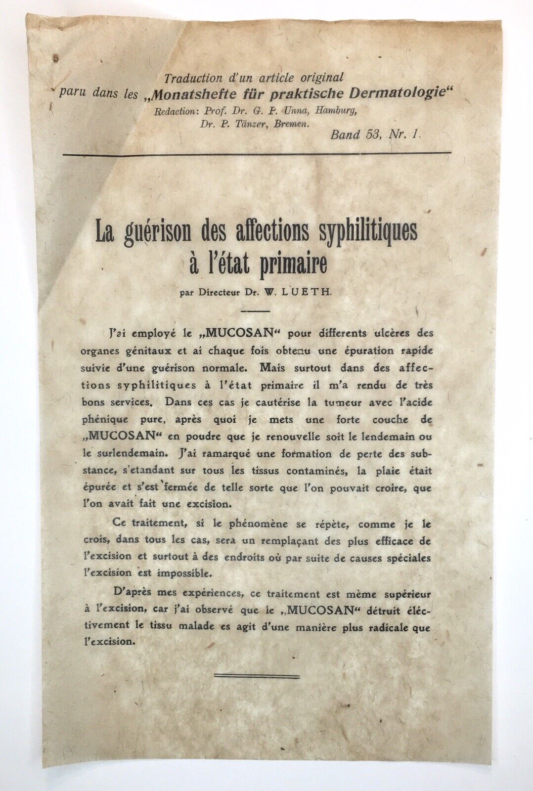 Early 1900s Medical Article By Dr. W. Lueth Cure for Primary Syphilis STD French