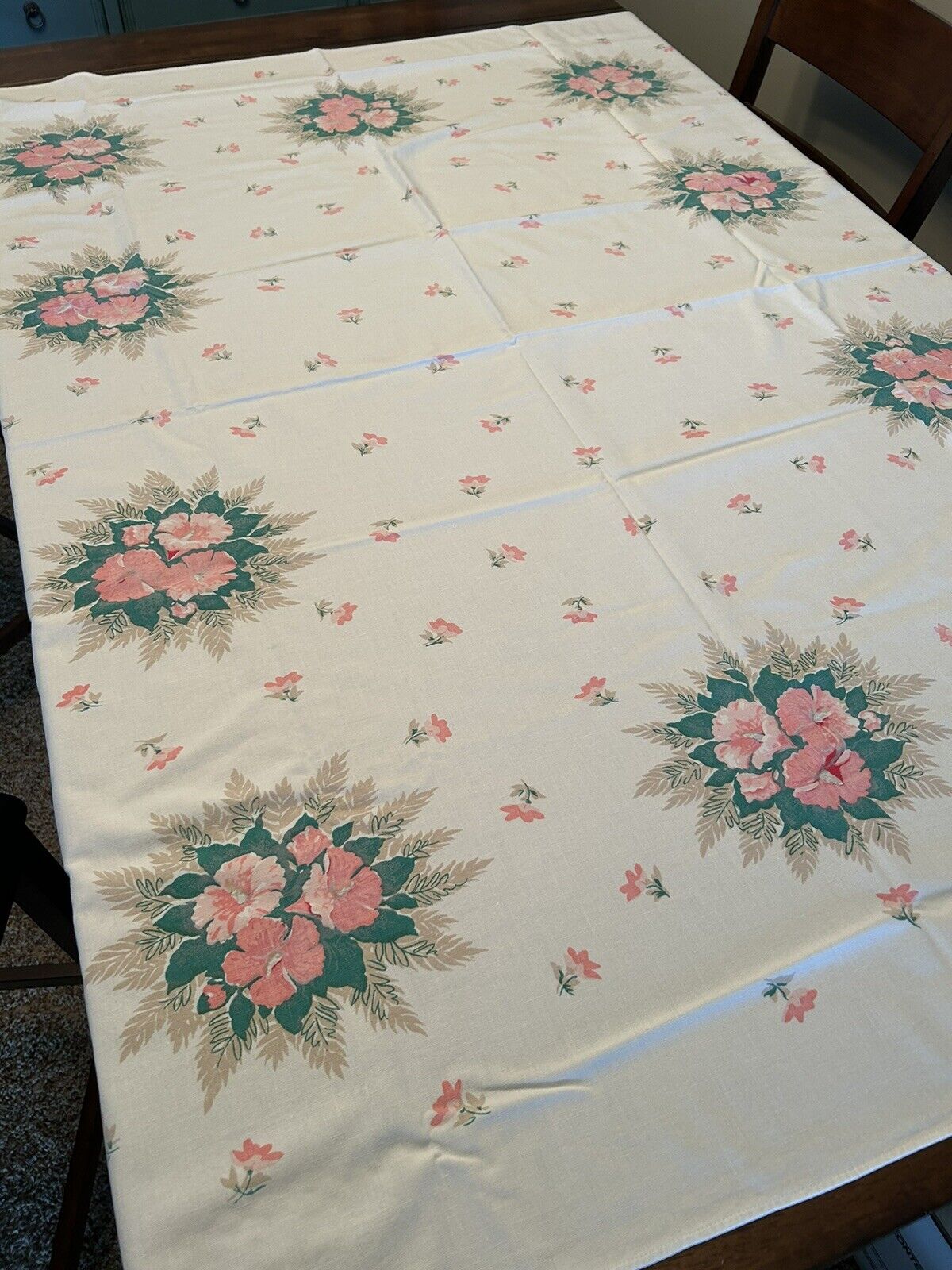 Vintage Tablecloth Cotton Floral Shades Of Pink Green Red Accent
