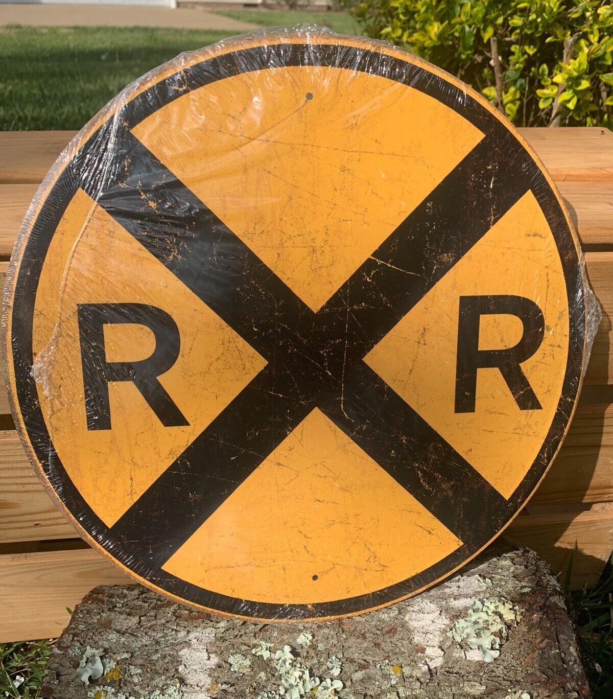 Railroad Crossing Warning Train Sign Tin Vintage Garage Distressed Old Round