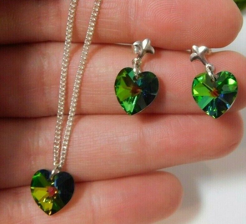NWT Crystal Green Aurora Borealis Heart Necklace Earrings 925 Silver Set  2a57