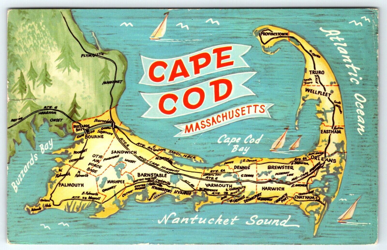  Map of Cape Cod Massachusetts VTG POSTCARD 