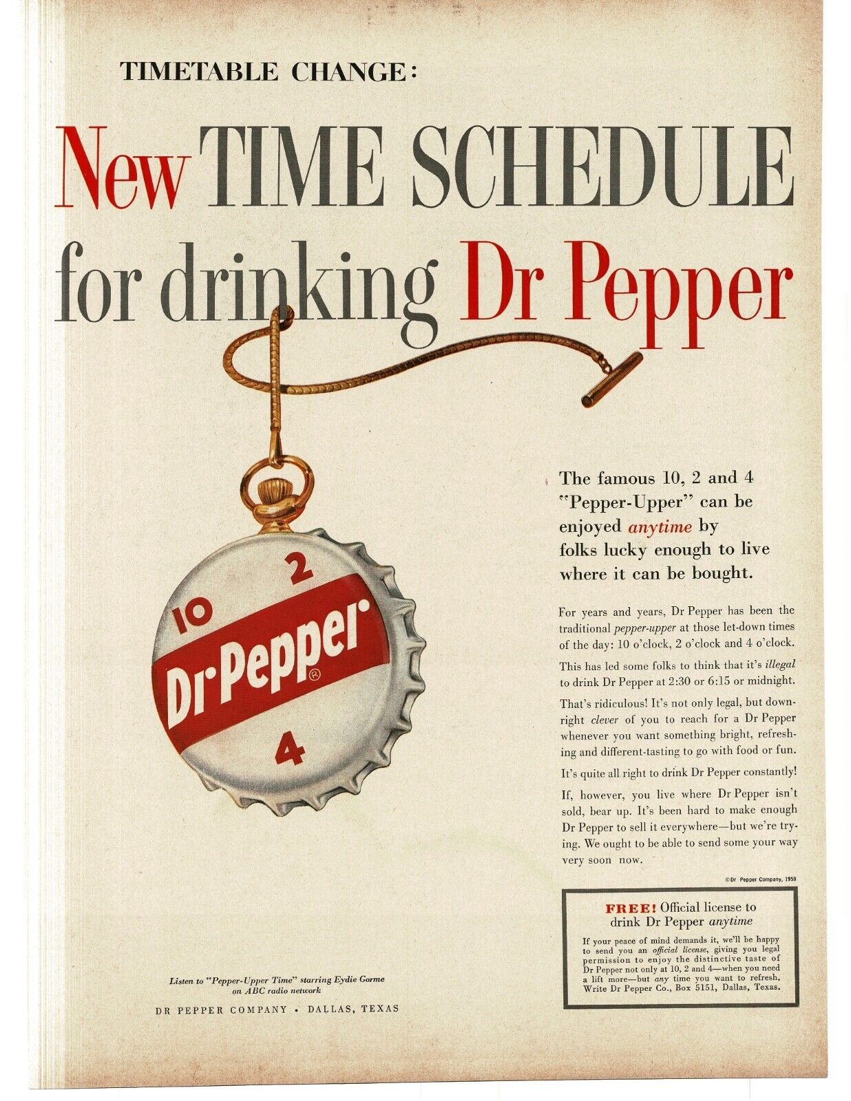 1959 Dr. Pepper Vintage Print Ad bottle cap on watch chain