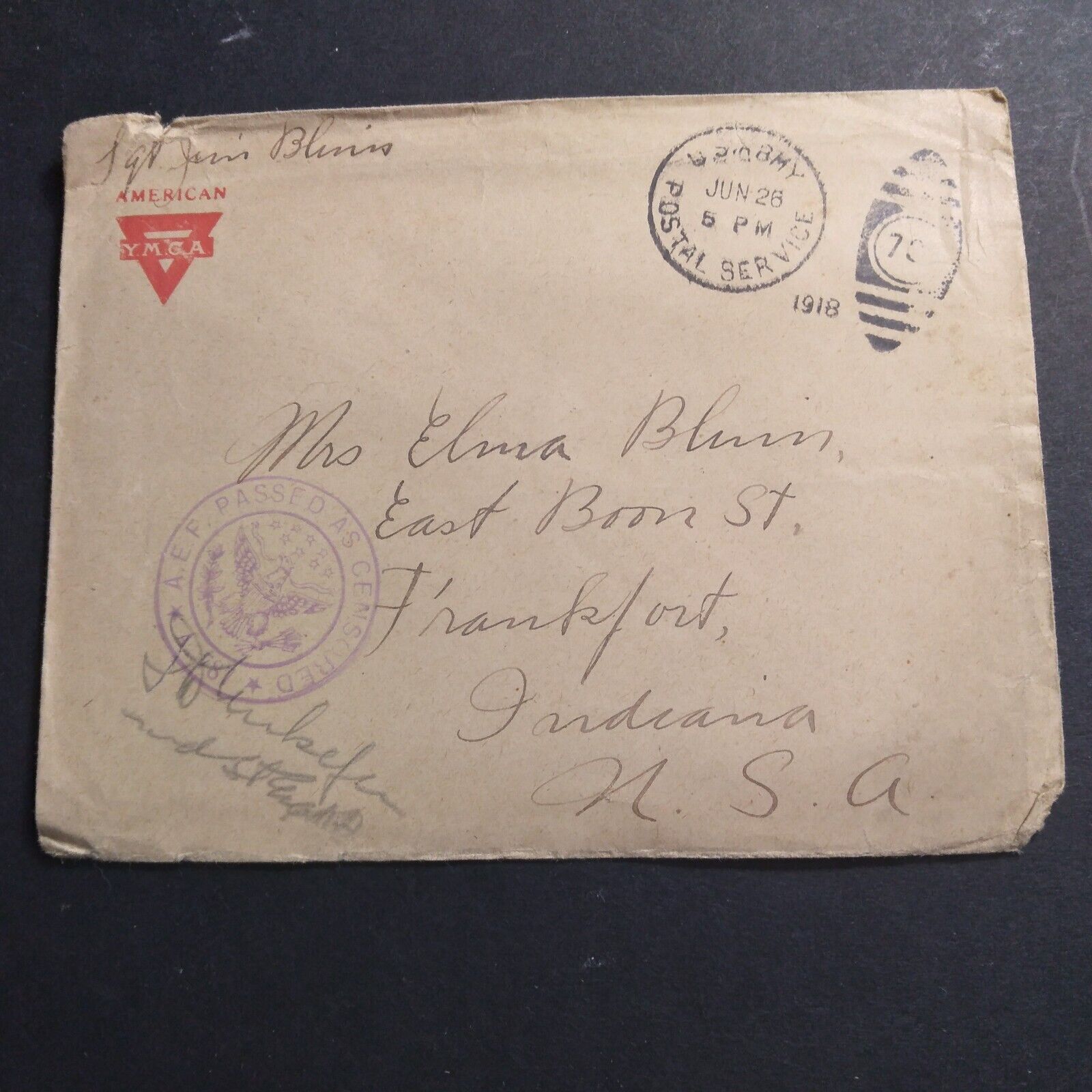 Censered WW1 Soldier's Letter Cover From 1918..  YMCA Contributed Stationary..
