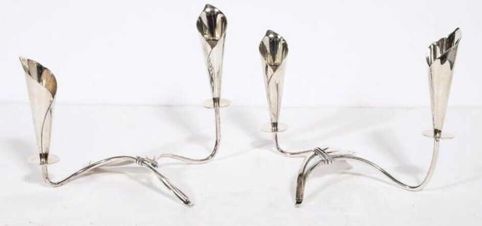 Vintage Mid-Century Cala Lily Candle Holders in Silver Plate by Hans Jensen