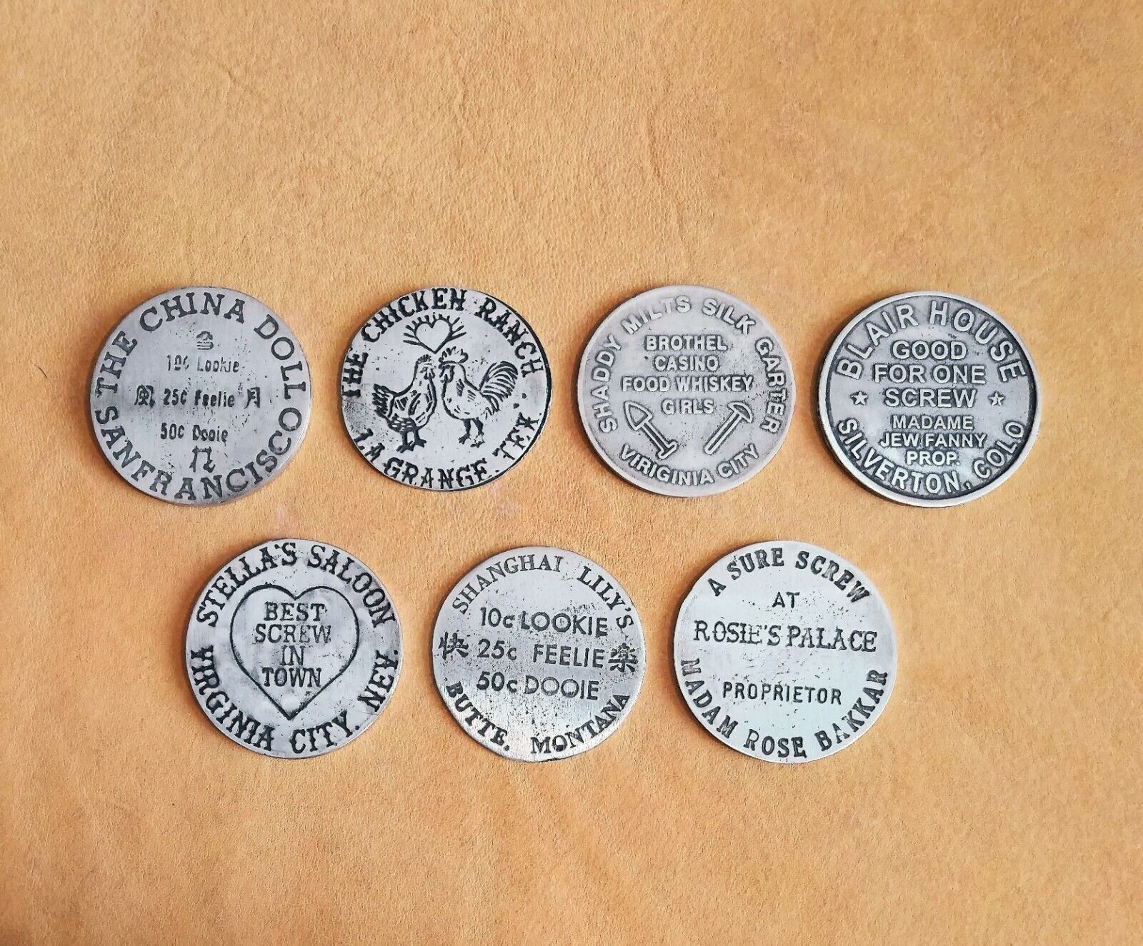 7 Brothel Tokens BBT 7-1 (Collectors Items) Made In The USA