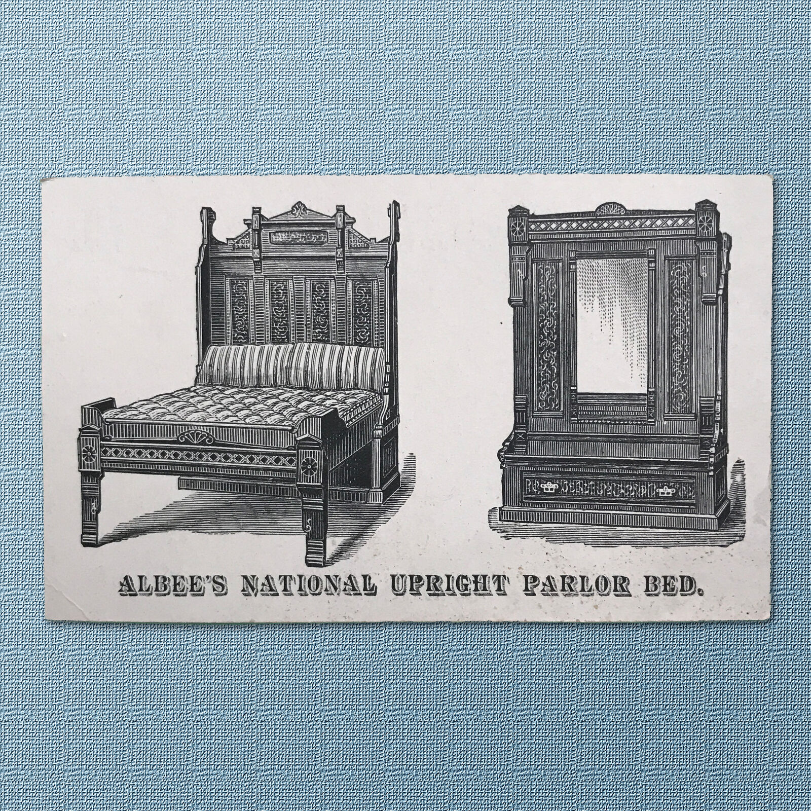 c. 1880\'s TRADE CARD FOR ALBEE\'S NATIONAL UPRIGHT PARLOR BED, BOSTON, MASS.