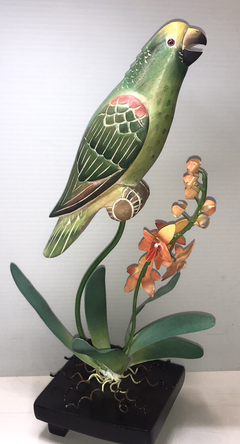 Parrot Decor Wood Carved Amazon Bird Metal Accents Decor Unique Colorful 16” T