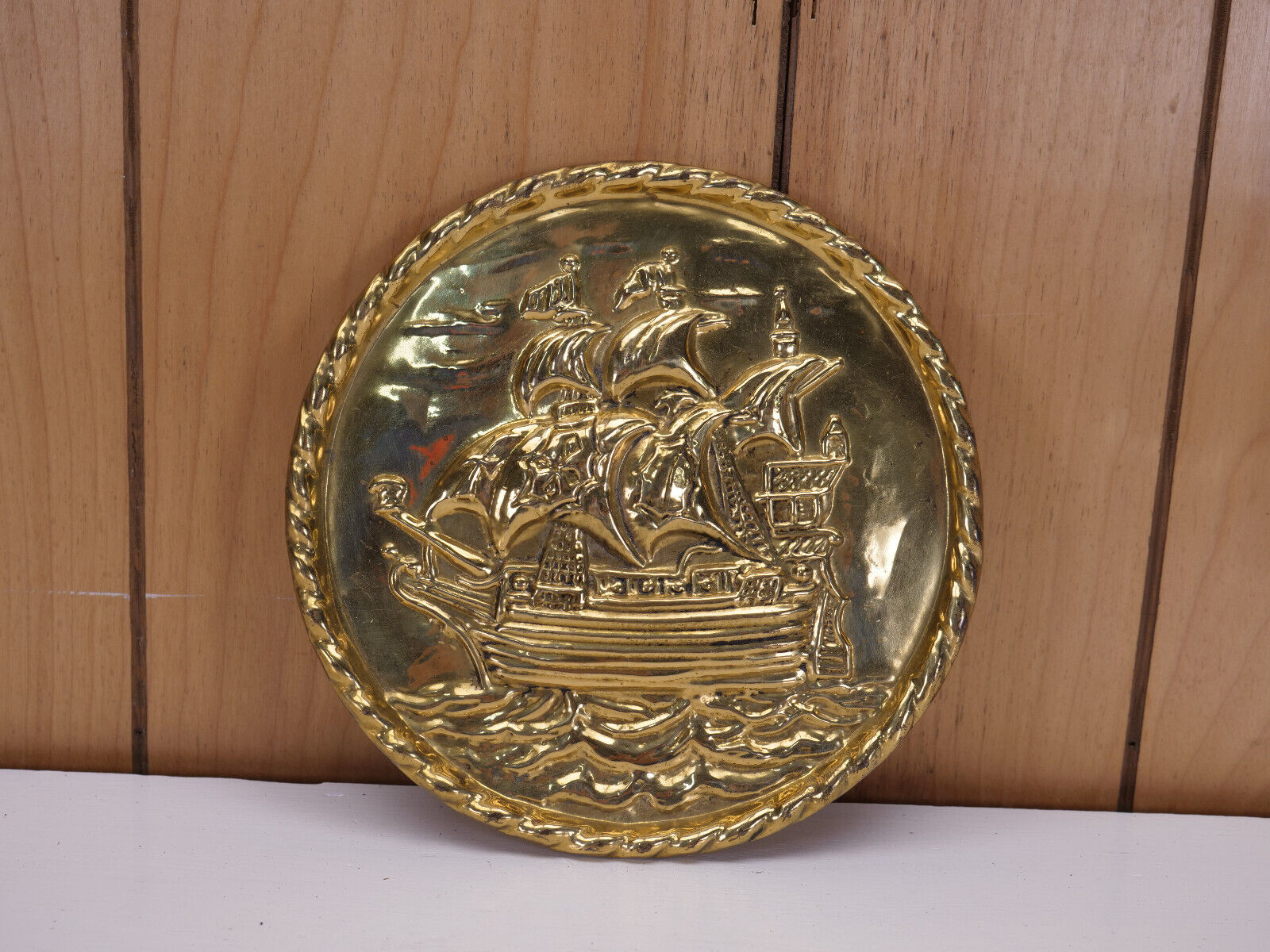 Peerage Vintage Brass 6 1/4” Embossed Wall Hanging Plate Ship - England