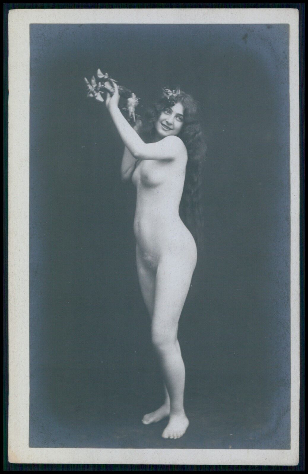 French full nude woman Long hair hairdo original old early 1900s photo postcard