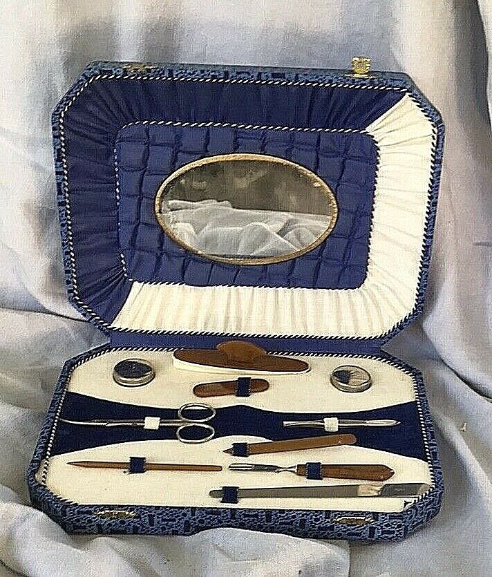 Vintage Manicure Set 10 pc in Vanity Box Oval Mirror Lined Germany