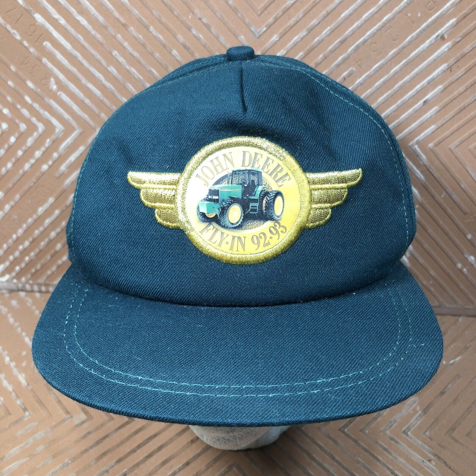 Vintage JOHN DEERE FLY IN 92 93 Farmer Hat Cap K PRODUCTS Leather Strap USA Made