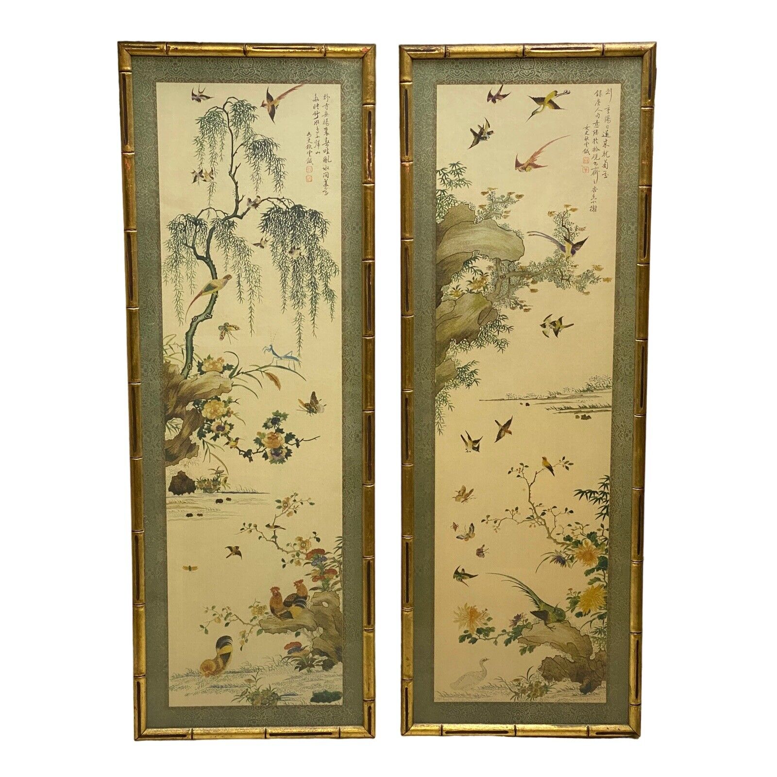 Pair of Frame Brocaded Chinese Art with Variety of Birds 40\