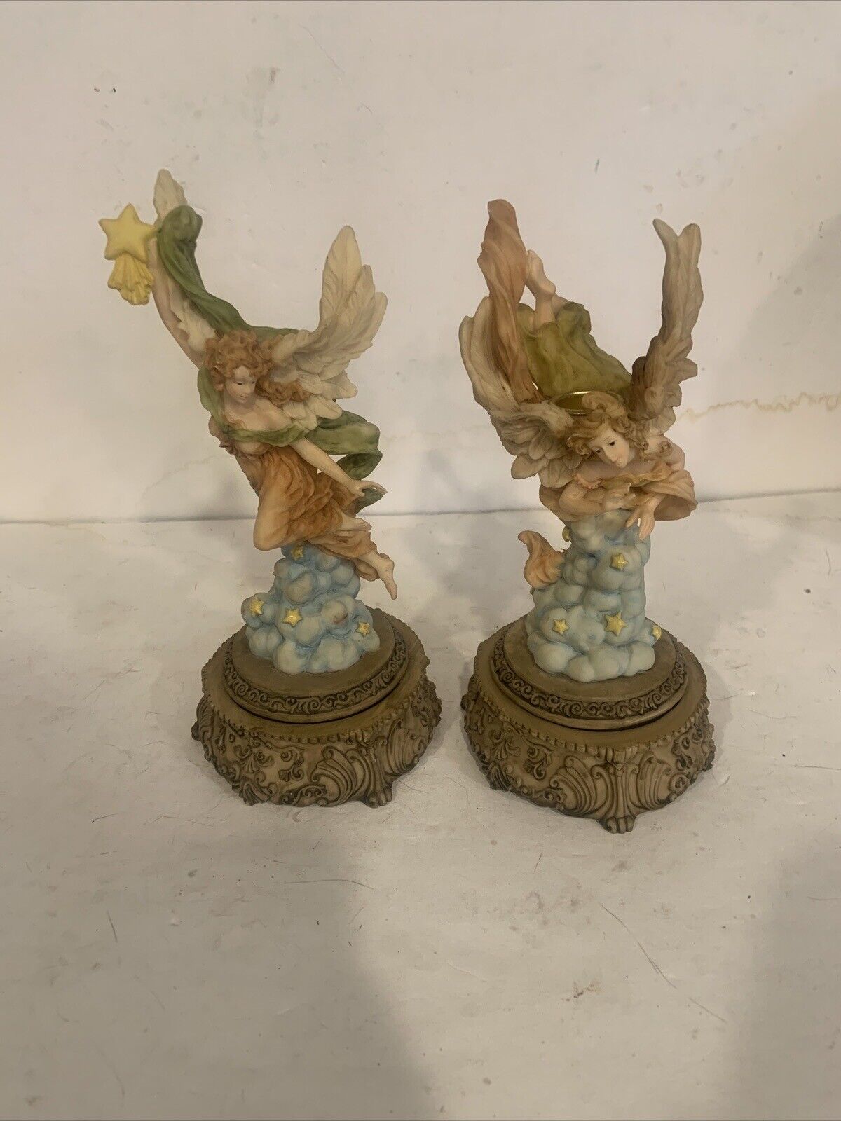 Vntg Angel Music Box Candle Holder Figurine Set Of 2 RARE Set See Photos Tested