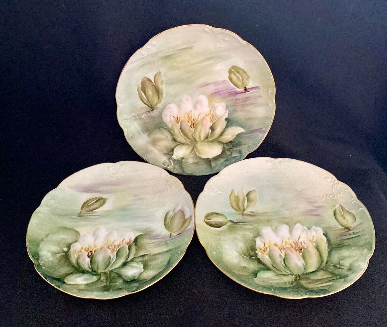 3 Vintage Antique Bavarian Hand Painted Water Lilies Decorative Porcelain Plates