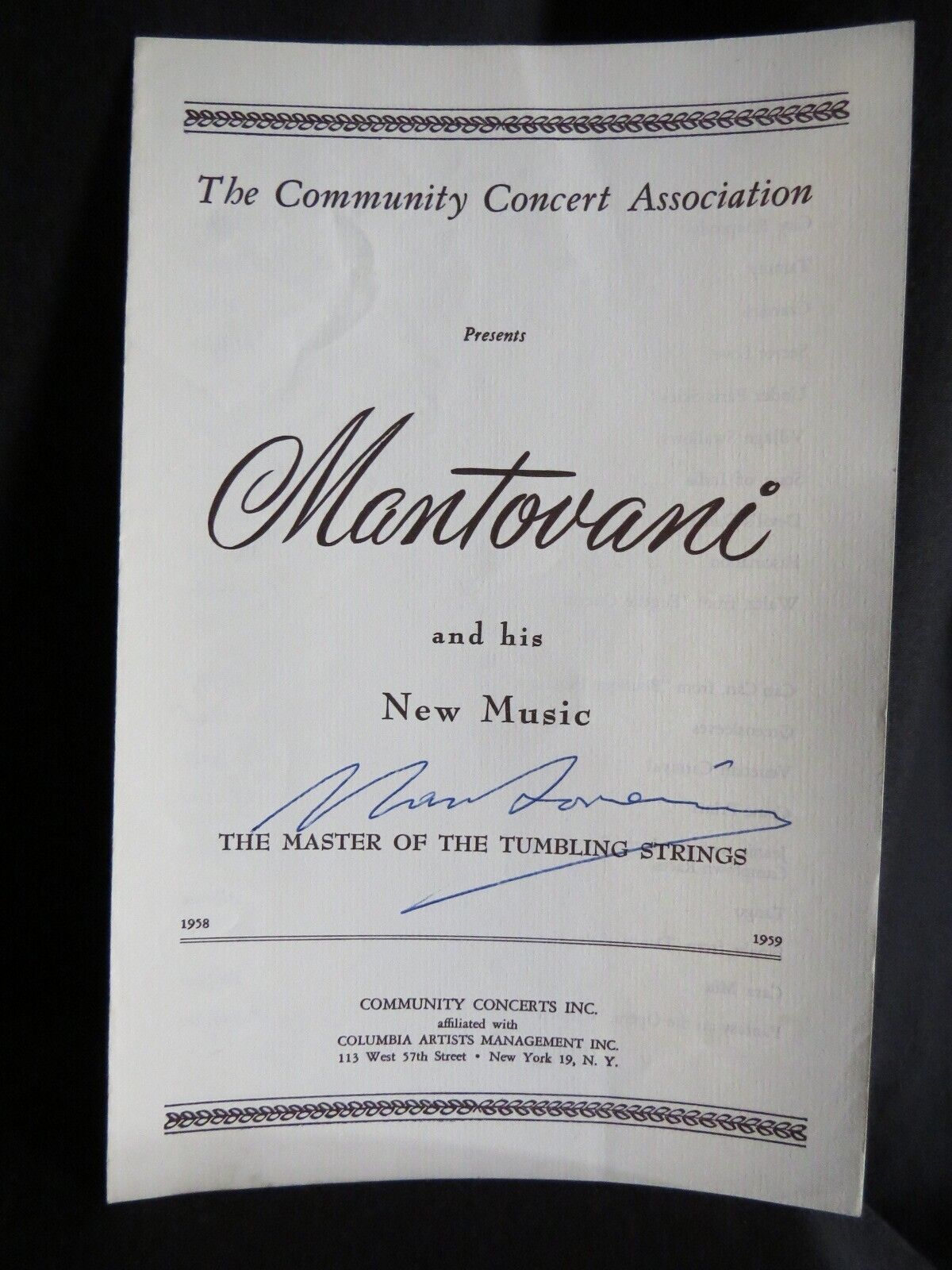 VTG. Mantovani Orchestra Conductor Autograph Concert Program 1958-1959
