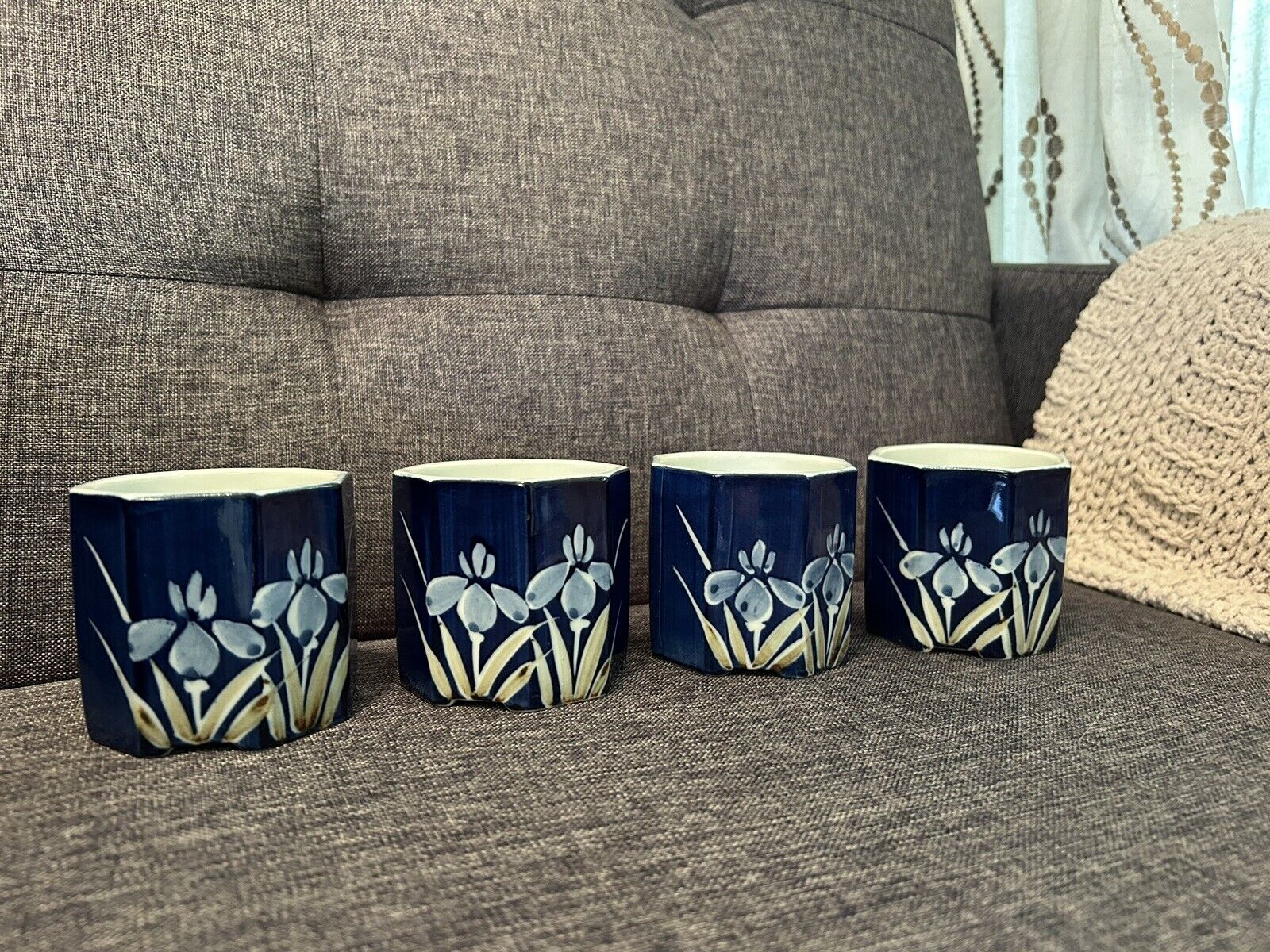Beautiful Vintage Blue Floral Iris Sake Tea Cups Made In Japan