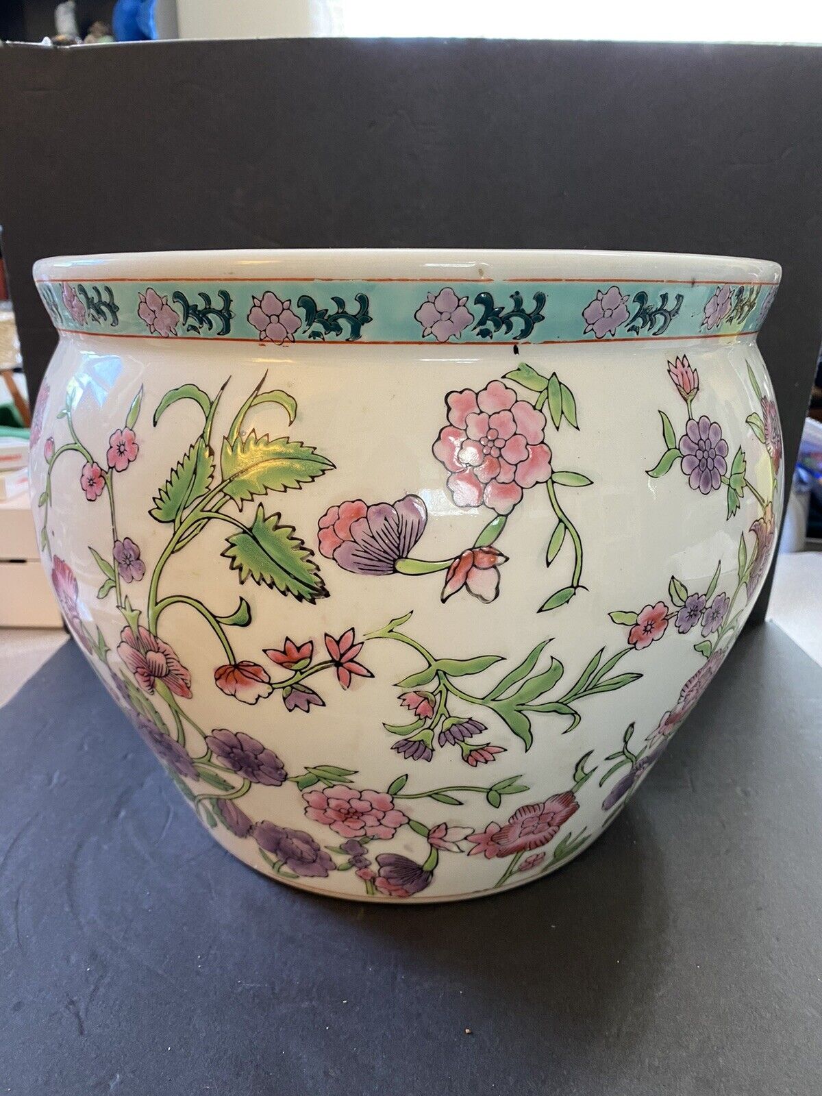 Large Vintage Ceramic Chinoiserie Flower And Koi Pot Planter Great Condition
