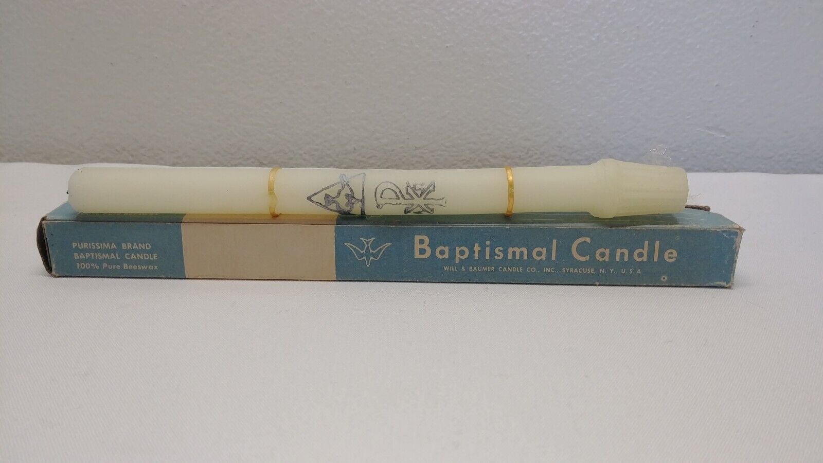 Vintage 1950s 1960s Baptismal Candle Purissima Brand 100% Bee\'s Wax  Religious