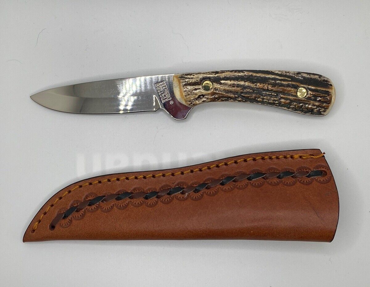 Custom Western Knife W83 New Stamped J With Stag Handle & Aftermarket Sheath