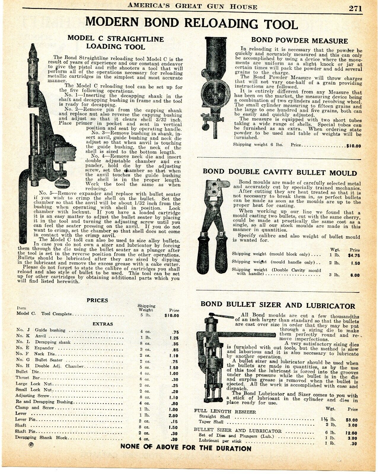 1945 Print Ad of Bond Model C Ammunition Reloading Tool, Bullet Sizer Lubricator