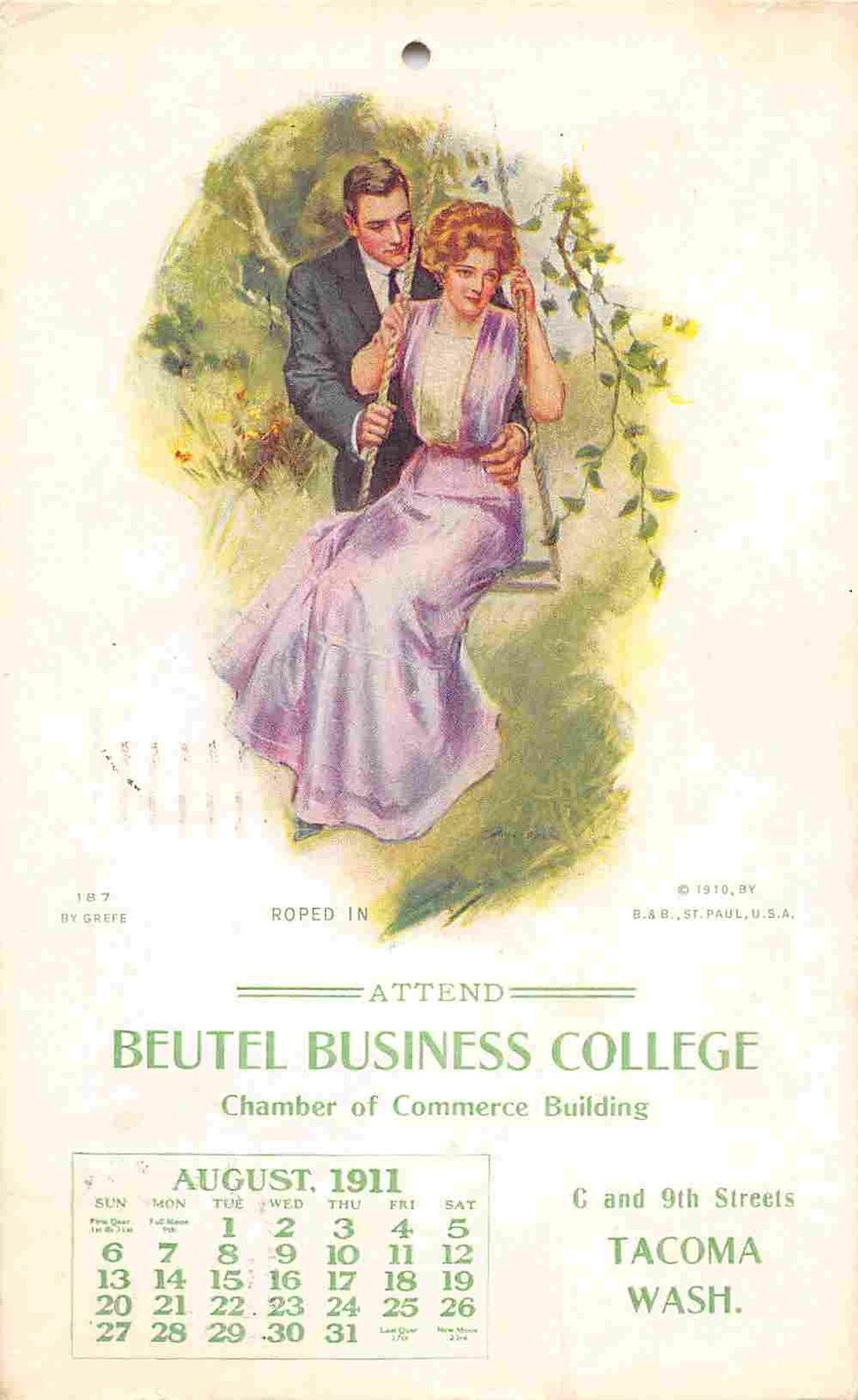 Beutel Business College August 1911 calendar Tacoma Washington postcard