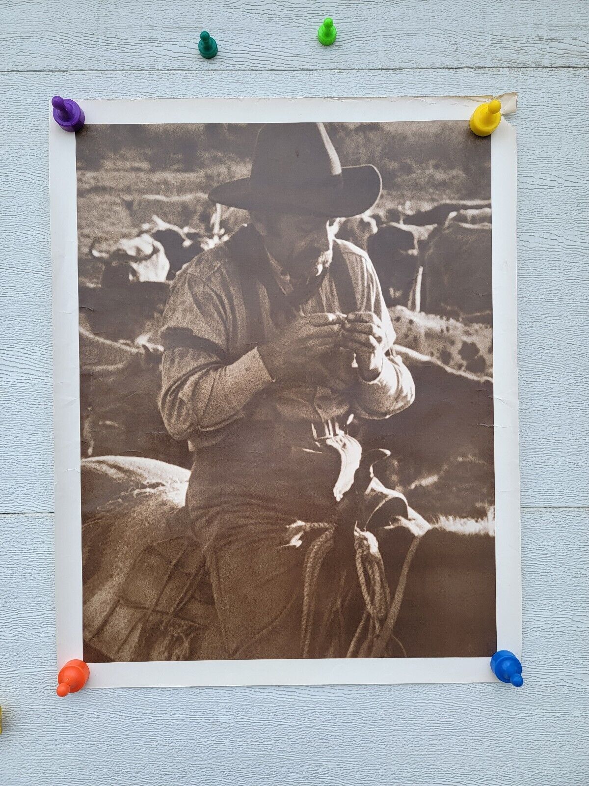 Vintage Western / Cowboy Theme Man Rolling Tobacco Cigarette On Horseback Poster