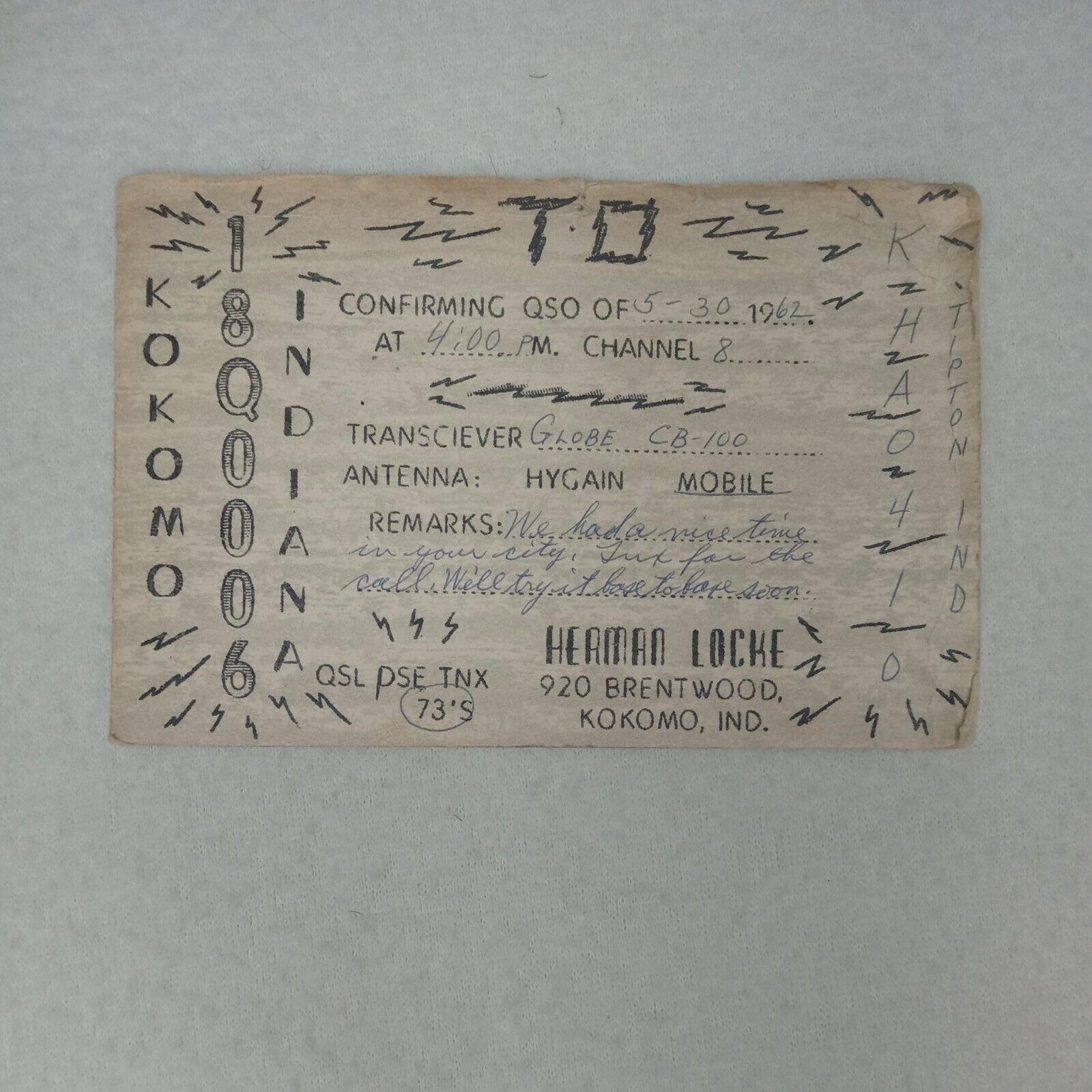 Vintage 1962 QSL Call Card 18Q0006 Kokomo IN Ham Radio Postcard, comfirmation 2