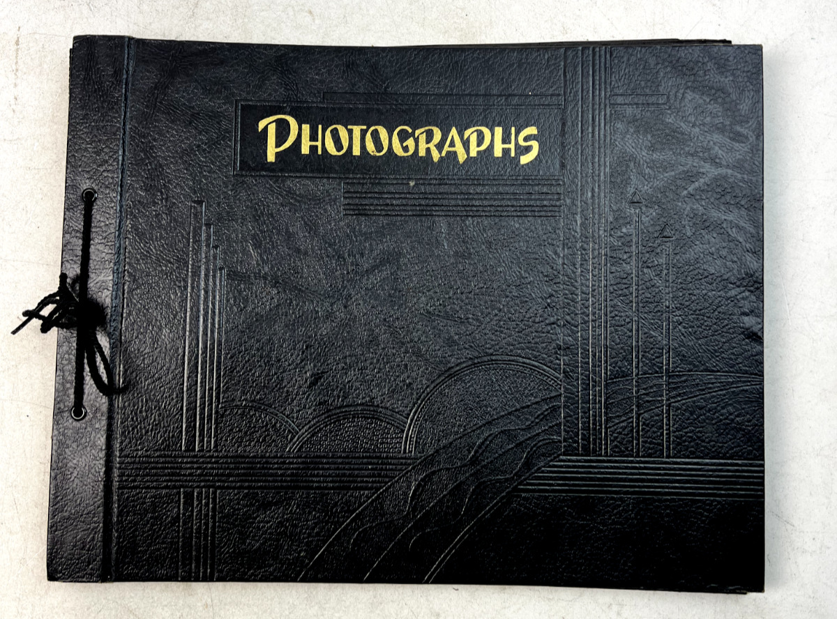 Antique Photograph Album with Photos, Mounting Corners, Drawings, and a Postcard