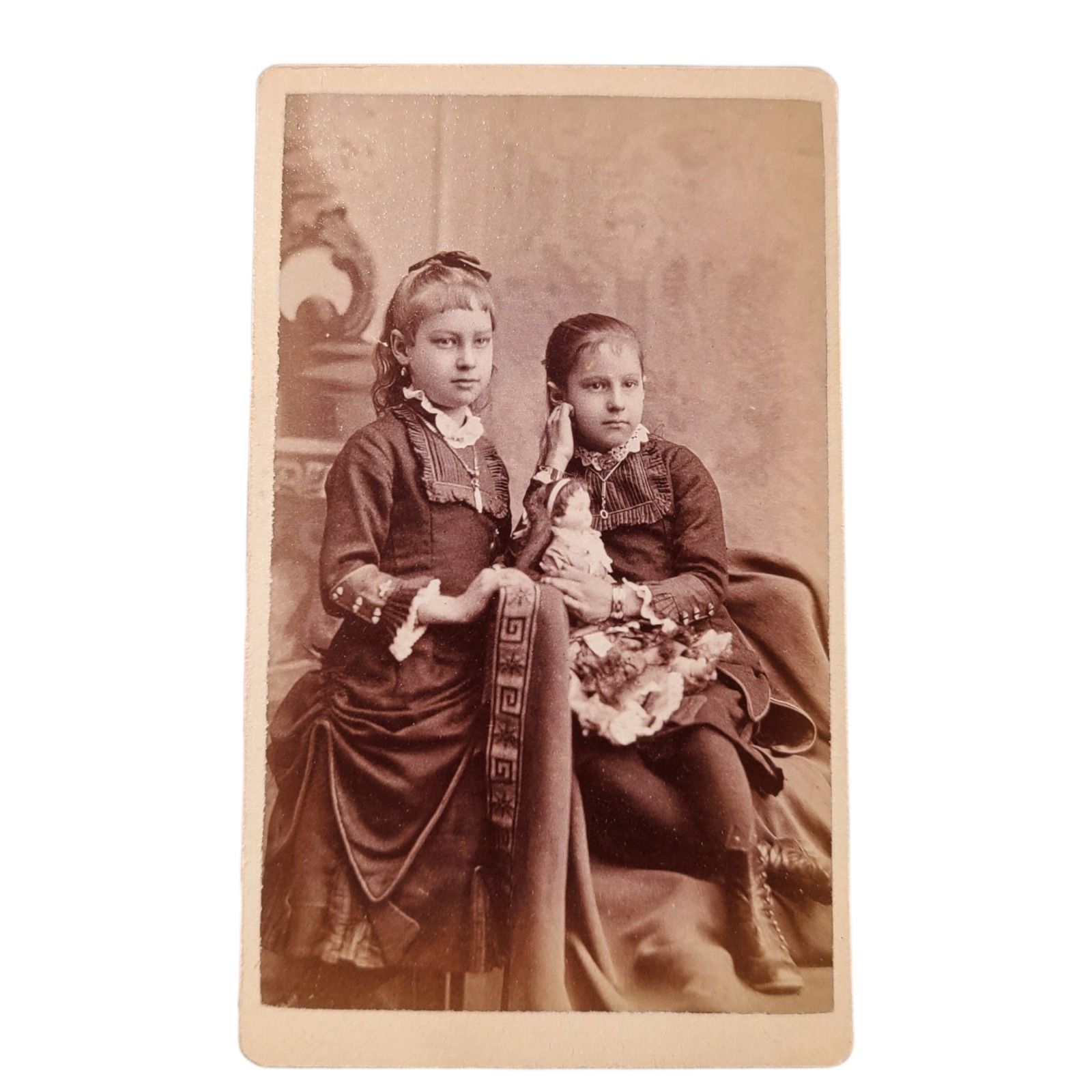 Antique CDV Girls with DOLL 1880s Franklin PA Vintage photo