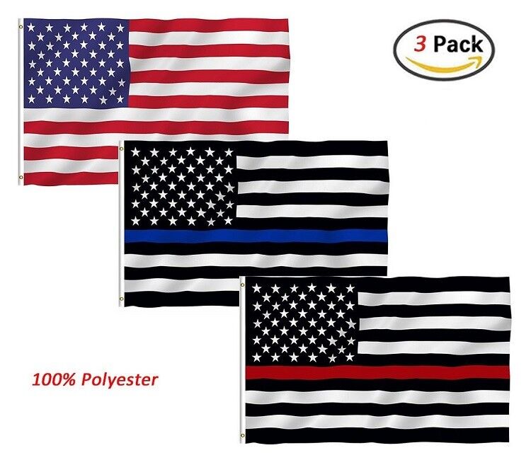 3 PACK 2x3 Ft Law Enforcement Police + Fire Flag - USA Thin RED & BLUE Line
