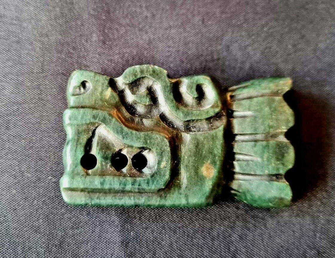Mexican Pre Columbian Maya Aztec style green Stone Jade QUETZALCOATL PENDANT