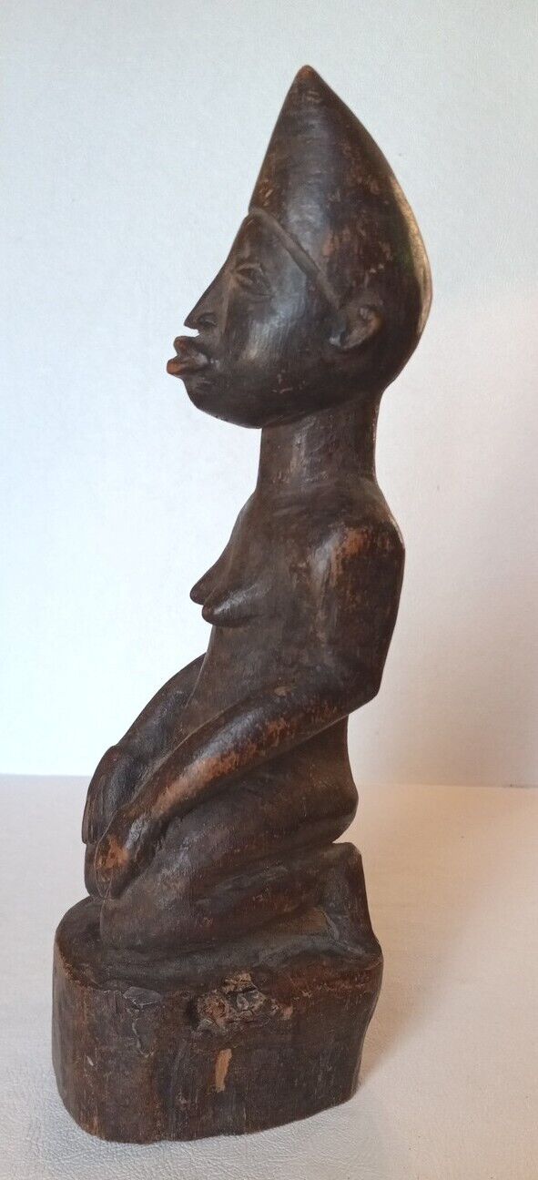 Yoruba Tribe African Carved Wood Statue Of Woman Kneeling 10.25\