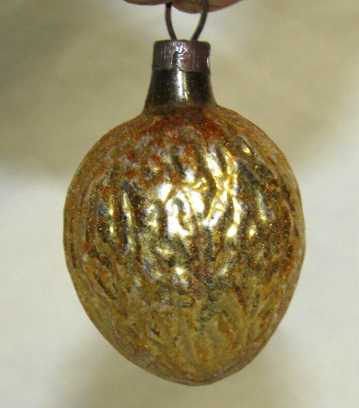 German Antique Gold Glass Feather Tree Walnut Vintage Christmas Ornament 1930's