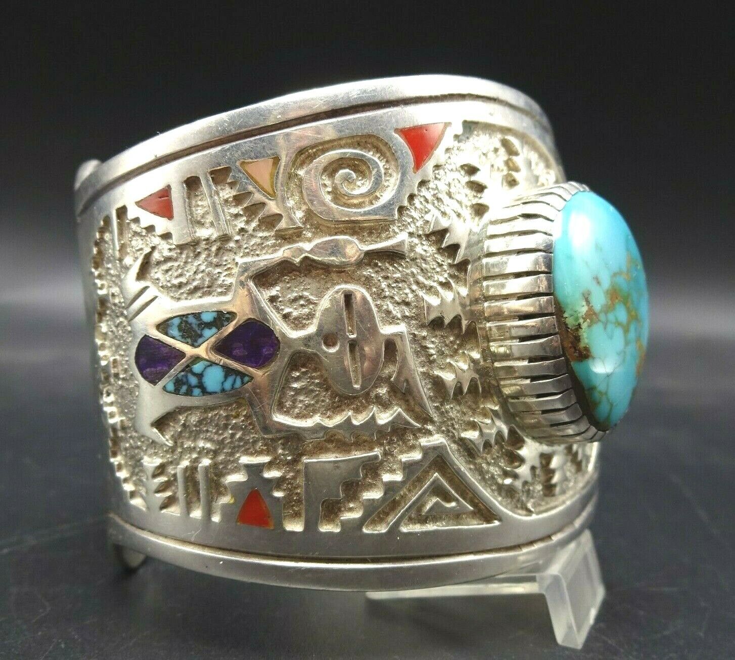 Michael Perry NAVAJO Sterling Silver TURQUOISE CORAL Petroglyph Cuff BRACELET