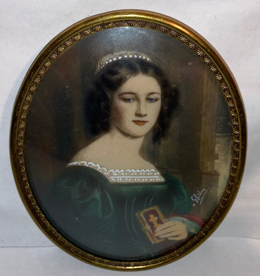 Antique Miniature Beautiful Woman Oval Painting signed