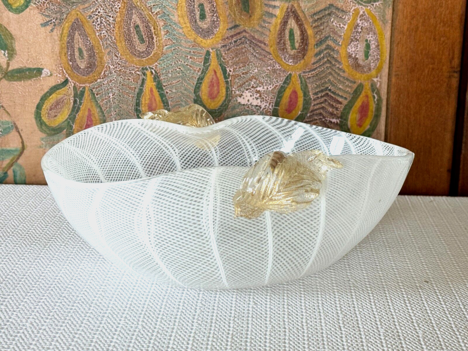 Vintage Mid Mod Murano Art Glass White Latticino Gold Leaf Bowl - Attr. Salviati